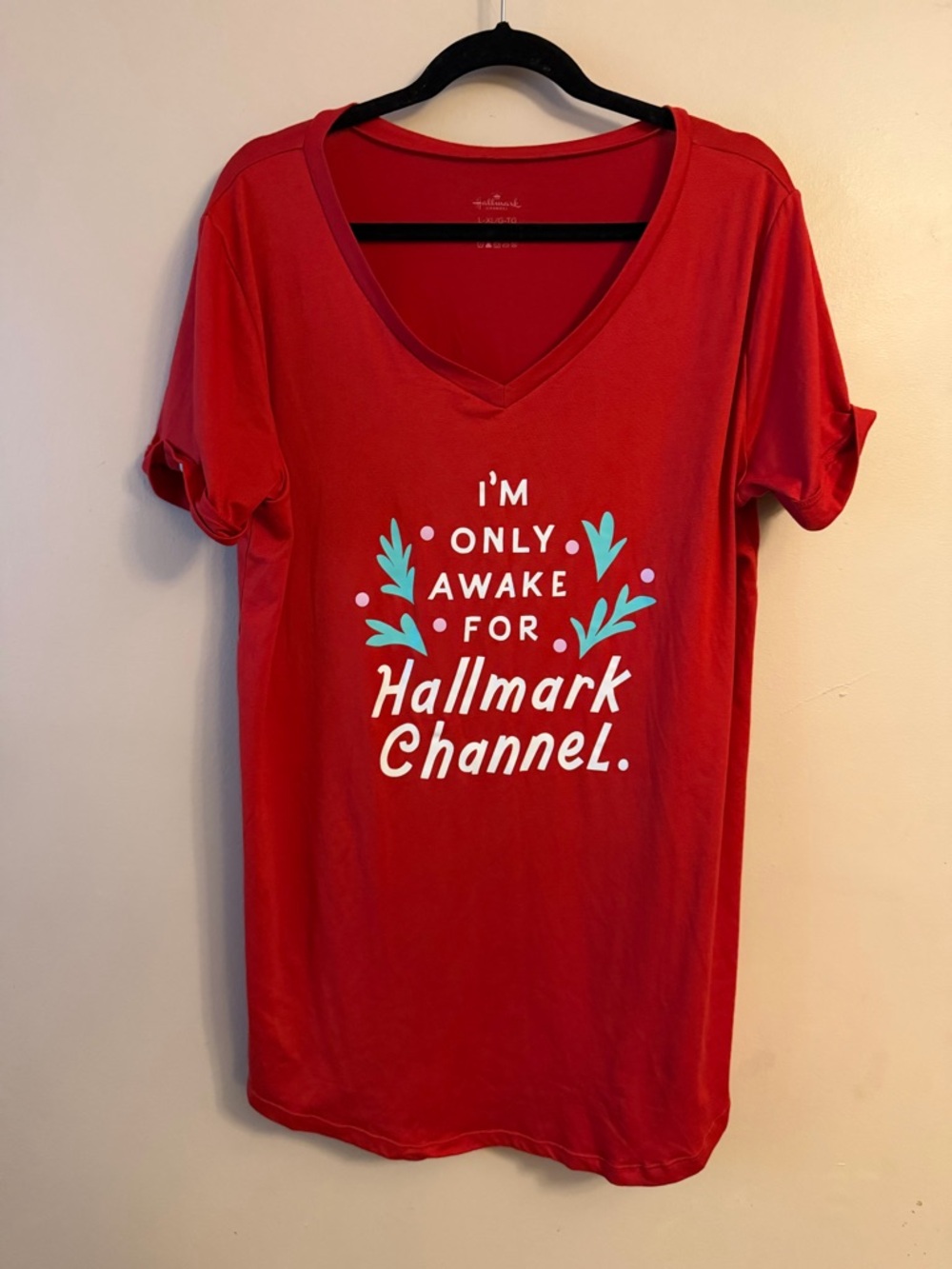 Hallmark Red V-Neck Sleep Shirt with Teal Accent Graphic